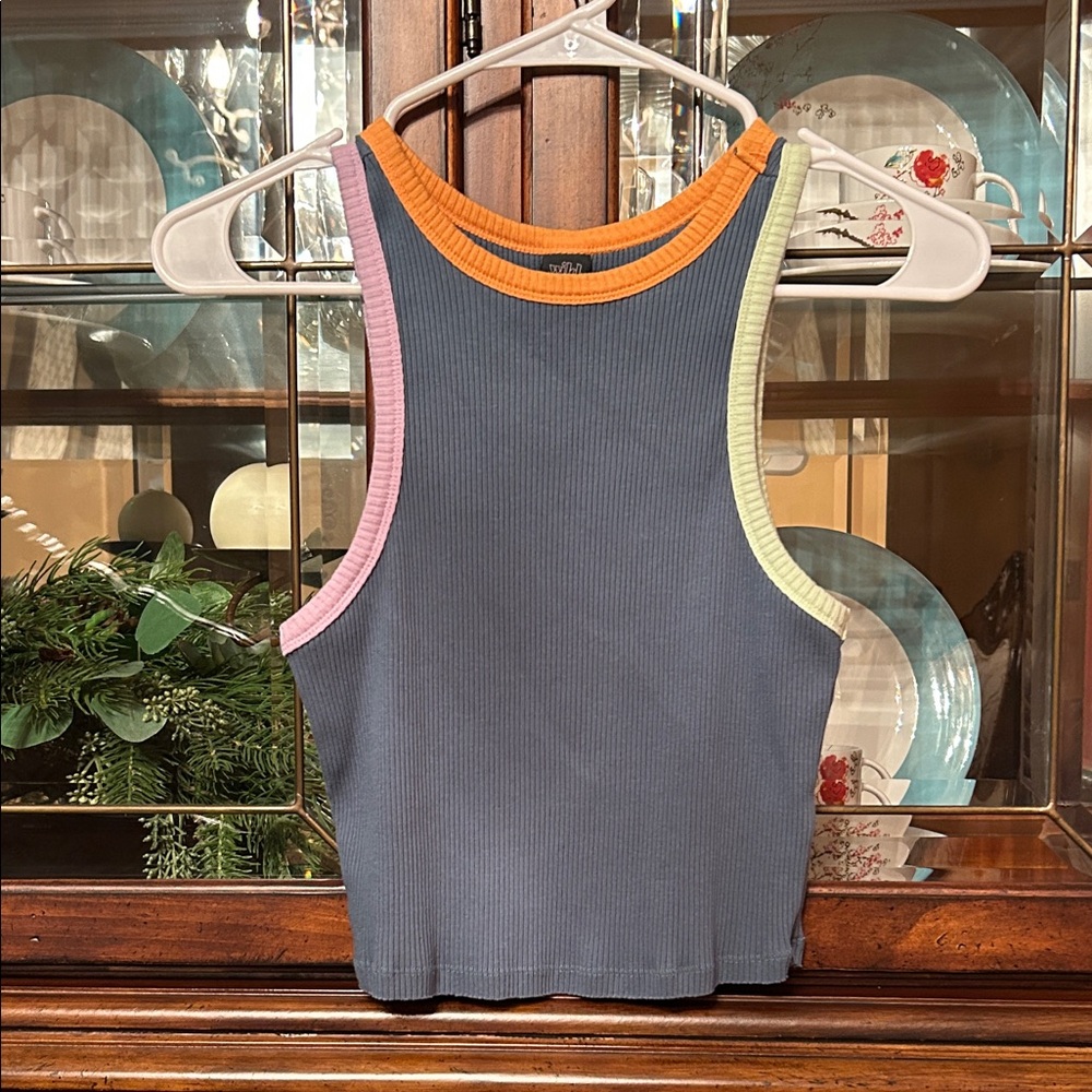 wild fable Slate Blue Ribbed Tank with Orange, Pink & Pale Yellow Trim